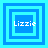 Four blue and cyan square frames with 'Lizzie' text in pixelated white font, each frame showing distinct layered square arrangements on a cyan background.