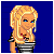 Pixel art contact sheet of a female character and text frames showing animation sequence with blue background, black shorts, sandals, and white pixelated text.