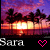 Pixelated sunset scene with silhouetted trees over water, two names below in white text flanking a pink heart symbol.
