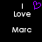 A black background displays white text reading 'I Love Marc' with a purple pixelated heart symbol above the word 'Love'.