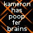 Static image with orange diamond lattice pattern on black background and white text reading 'kameron has pooper brains' repeated twice.