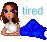 Pixelated image of a woman with brown hair and blue eyes lying down, wearing white top and blue pants, next to the word 'tired' in light blue text.