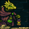 Pixel art of a green dragon-like creature with glowing eyes holding a lantern, standing on rocky terrain against dark stone walls.
