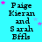 A static image with cyan background displays repeated text "Paige Kieran and Sarah Bffs" in black font, surrounded by pink and light blue stars.