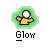Pixelated character with white head and yellow shirt, arms outstretched, surrounded by green and yellow glow effects, labeled 'Glow' below.
