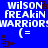 Blue background with white pixelated text repeating 'WILSON FREAKIN WARRIOR' and '(=' symbols, featuring dark brown square and dot patterns.