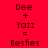 Red background with repeated text 'Dee + Yazz = Besties' and red heart symbols in a