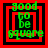 Green text 'good to be square' in pixelated font within red and black nested squares on a solid red background.