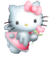 Hello Kitty character with light blue fur, pink bow, and yellow nose holding a pink flower in one hand and a pink circular object in the other against gray background.