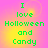 Green pixelated text reads "I love Halloweeen and Candy" on a pink-to-yellow gradient background with four identical