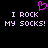 Pixelated text reads "I ROCK MY SOCKS!" twice on black background with pink heart symbol above left text.