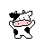 Pixelated cow with black-and-white patches, pink nose, and raised arms in four distinct poses.
