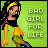 Pixel art contact sheet showing five animated frames of a female character with long dark hair and yellow headband walking against green background with "BAD GIRL FOR LIFE" text.