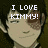 Pixelated anime-style character with dark hair and brown eye patch, smiling in two side-by-side frames showing text changes.