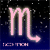 Animated contact sheet of six frames showing a glowing Scorpio zodiac symbol with color variations against a starry background.