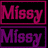Two stacked rectangular icons with black backgrounds and pink/purple borders display the text "Missy" in pixelated lettering, one icon showing a brighter magenta version above a darker purple version.