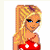 Pixelated cartoon woman with blonde hair in a ponytail wearing red polka-dot top and blue skirt holding shopping bags, below text 'It's no Crime to shop at Wal-Mart!' on colored