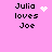 Pixelated text 'Julia loves Joe' on pink background with animated white heart and star symbols.