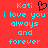 Red background with cyan text reading "Koti i love you always and forever" in two identical , one featuring a black pixelated heart symbol above the name
