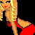 Pixel art contact sheet of a blonde woman in red lingerie across multiple animation frames with overlaid text elements on black background.