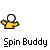 A contact sheet of 10 animated frames showing a yellow stick figure character with white head performing spinning motions against gray background, labeled "Spin Buddy" under each frame.