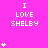 A bright pink background displays repeated 'I LOVE SHELBY' text with white pixelated hearts, some of which animate to form vertical