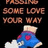 Pixelated image with brown text reading 'PASSING SOME LOVE YOUR WAY' above a character in blue outfit on white cloud against black background.