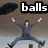 Pixelated image of a person in a blue outfit with arms and legs spread wide, standing beneath a black banner with white text reading 'balls' on a brown background.