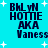 Pixelated text on cyan background with white starbursts; four identical display 'BHLyN HOTTE AKA Vaness' in dark blue block letters