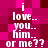 Pixelated text on a magenta and dark red checkered background with white lettering reading "i love... you... him... or me??" in two identical vertical
