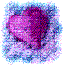 Six pixelated heart-shaped icons in varying configurations with pink and purple hues on a blue and white background.