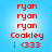 Red text on blue background displays 'ryan' repeated three times, followed by 'Coakley', then 'i <333' in pixelated font across four