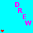 A static image with a bright cyan background displays multiple vertical arrangements of the pink text "DREW" and red heart symbols, with some hearts stacked vertically and others scattered.
