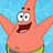 Pixelated cartoon starfish with wide eyes and open mouth, arms raised against blue background wearing green shorts.