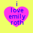 Four identical pink heart-shaped icons with blue text on a yellow background, each displaying 'i love emily roth' in a pixelated font.