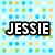Pixelated text 'JESSIE' in white with black outline on light blue background with repeating colored squares.