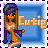 Pixel art contact sheet showing two frames of an animated AIM buddy icon featuring a cartoon character with orange skin, long brown hair, and purple headwear standing next to the text "Cutie" on a blue background.