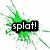 Green pixelated splat with black rectangular text box containing 'splat!' in white lowercase letters, set against a white background.