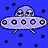 Pixelated UFO icon with a rounded saucer shape, dome top, and circular lights against a blue starry background.