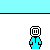 Pixel art animation of a blue figure with a white square head interacting with green vertical bars, accompanied by text overlays about coldness.