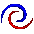 Four pixelated spiral patterns in red and blue on a gray background, each with distinct segment breaks and color transitions.