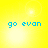 Yellow background with blue text 'go evan' and shifting light effects across four