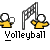 Animated volleyball-themed buddy icon featuring yellow stick figures and a white ball across multiple frames showing motion sequences on a gray background.