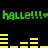 Green pixelated text 'halle!!!' with heart symbols repeats across black background, yellow bar graphs animate in sequence below.