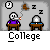 Pixel art animation of a student at a desk with a smoking pipe, classroom setting, and 'College' text below.
