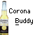 Pixelated image of a beer bottle with yellow liquid and a light blue cap, next to black text reading 'Corona Buddy' on a gray background.
