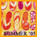 Pixelated summer-themed icon with orange background, pink '2005' text, and multiple flip-flop shapes in red, white, and purple on a yellow patterned base.