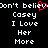 Black background with white pixelated text reading "Don't believe Casey I Love Her More" and a red heart symbol replacing the 'o' in "believe".