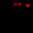 Red pixel text 'joe' appears with a heart symbol, then transitions to a starburst pattern, followed by a circular dot cluster, and finally returns to plain text.