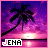 A 4x4 contact sheet of a pixel art animation featuring palm trees against a purple-pink sunset sky with the text 'JENA' at the bottom, showing frame-by-frame changes in the text and background lighting.